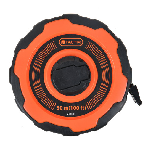 Orange and black round measuring tape labeled "Tactix," displaying 30 meters and 100 feet markings. The design is bold, modern, and practical.