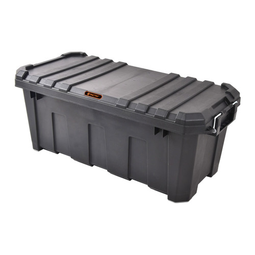 Large black plastic storage box with a rugged design, featuring a reinforced lid and side handles for easy transport. The surface is matte with subtle ridges.