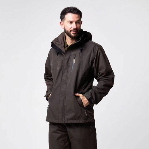 Man wearing a dark brown waterproof hooded jacket with zipped pockets and matching trousers.