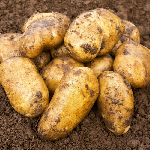 Freshly harvested potatoes with dirt on their skin lie on dark soil. The earthy tones highlight their natural, rustic appeal.