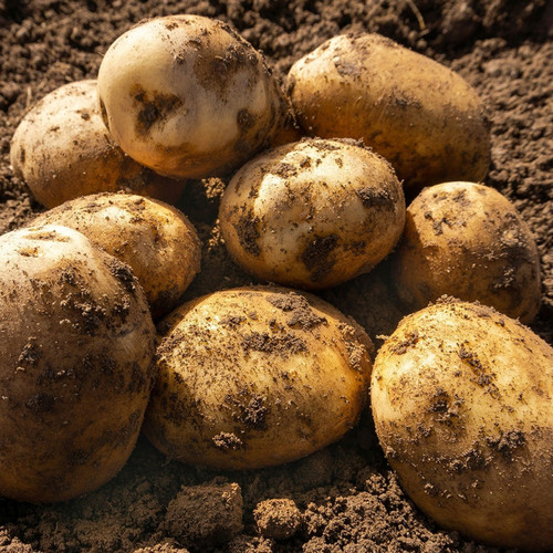 Freshly harvested potatoes lie on rich, dark soil. Their earthy texture and scattered dirt convey a sense of rustic freshness and abundance.