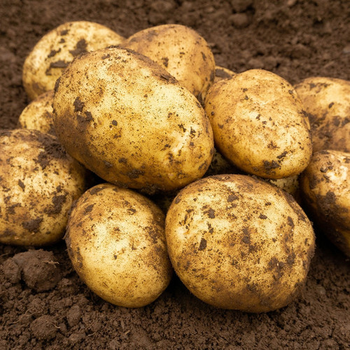 A pile of freshly harvested potatoes, covered in soil, rests on dark brown earth. The image evokes a sense of natural, rustic abundance.