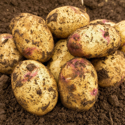 A pile of freshly harvested potatoes, covered in brown soil, rests on the ground. The image conveys a rustic and organic feel.