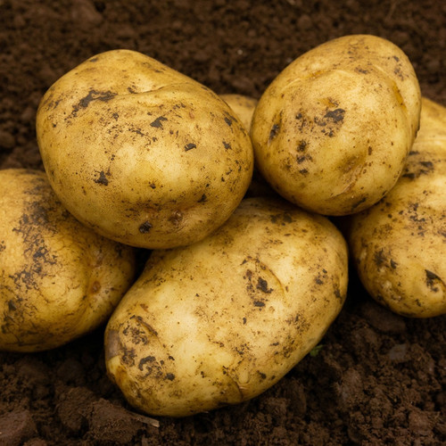 Freshly harvested potatoes, covered in dirt, arranged closely on dark, rich soil. The scene conveys an earthy, rustic feel.