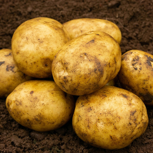 A pile of fresh, unwashed potatoes with dirt patches sits on dark, rich soil. The scene conveys a natural, earthy tone and suggests a recent harvest.