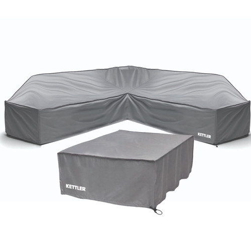 Grey waterproof corner sofa cover and matching coffee table cover for outdoor garden furniture set
