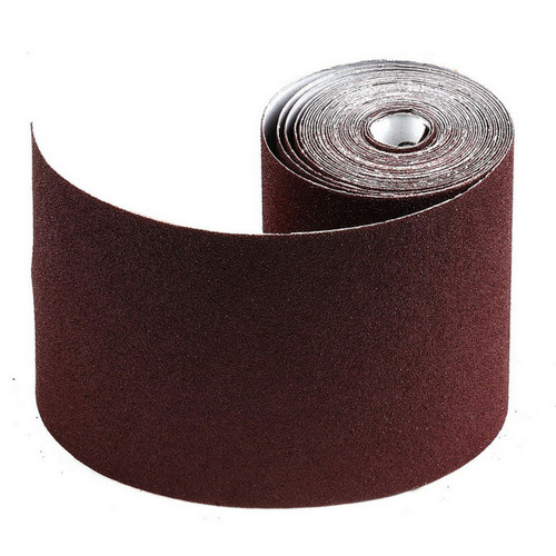 A roll of dark brown sandpaper, partially unfurled, stands upright against a white background, highlighting its textured surface and coiled form.