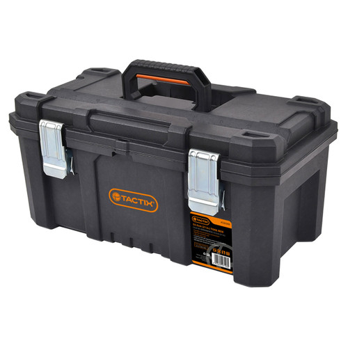 A black plastic toolbox with a sturdy handle and metal latches. The front features an orange "TACTIX" logo. It conveys durability and practicality.