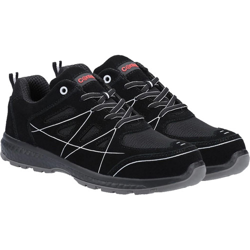 Pair of black low-top safety trainers with white stitching detail, black laces, and black rubber sole.