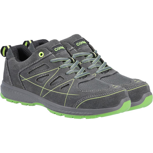 A pair of low-cut grey and lime green athletic-style work shoes with mesh panels, suede overlays, and matching green laces, shown at a three-quarter front angle.
