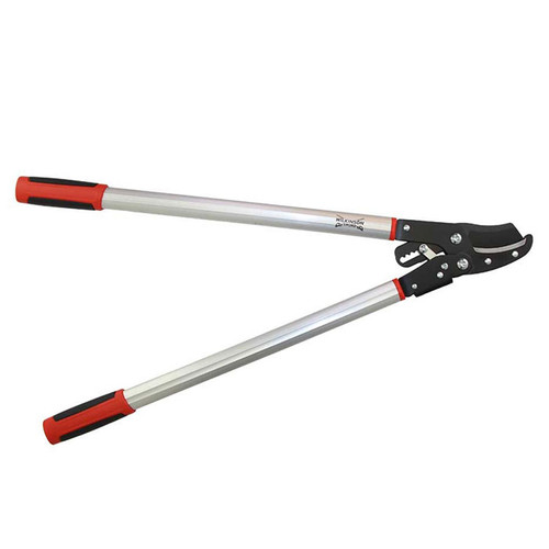 Long-handled garden loppers with silver aluminium handles, red and black grips and black cutting blades.