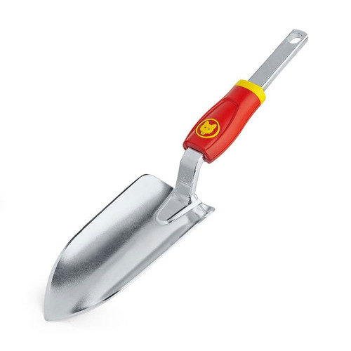 WOLF-Garten multi-change hand trowel head with stainless steel blade and red and yellow Click System connector.