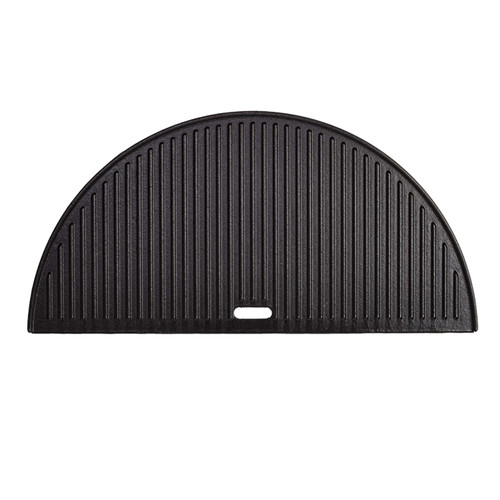 Black cast iron grill pan with ridged surface, shaped like a semicircle, ideal for grilling meats and vegetables.