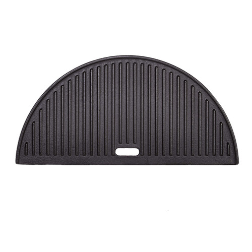 Black cast iron grill pan with ribbed surface, shaped like a half-moon, designed for cooking and grilling.