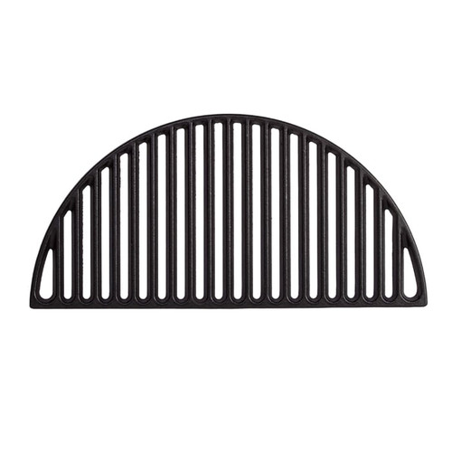 A black cast iron half-moon grill grate featuring vertical slits for even heat distribution while cooking.