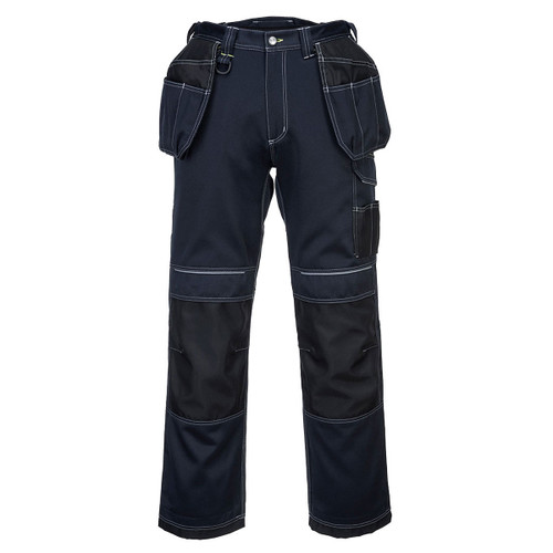 Navy work trousers with holster pockets, featuring reinforced knee panels, contrast stitching and multiple tool compartments, front view