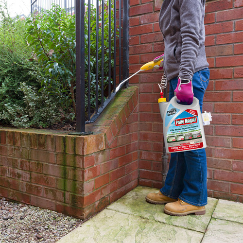 Person in jeans and boots spraying cleaner on brick wall with a yellow nozzle, holding a jug labelled "Patio Magic," next to leafy green plants.
