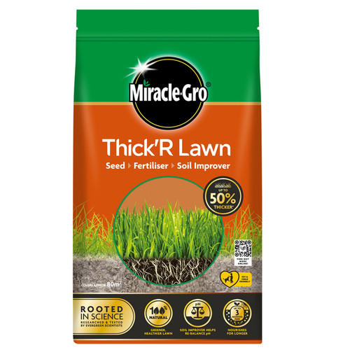 Bag of Miracle-Gro Thick'R Lawn seed and fertilizer on lush grass, set against dense green foliage. The packaging is red and green, emphasizing growth.