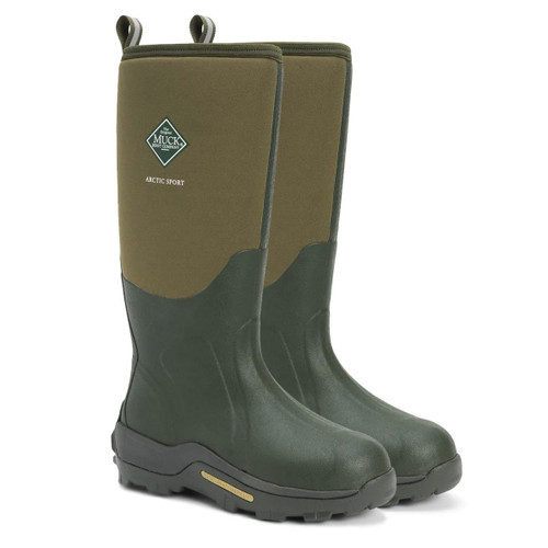 A pair of tall green Muck Boot Arctic Sport wellingtons with brown neoprene uppers and rugged outsoles. A pair of tall green Muck Boot Arctic Sport wellingtons with brown neoprene uppers and rugged outsoles.