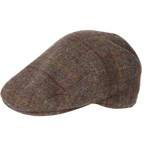 A brown tweed flat cap with a classic plaid pattern, featuring subtle red and yellow lines. The fabric gives a textured and vintage feel.