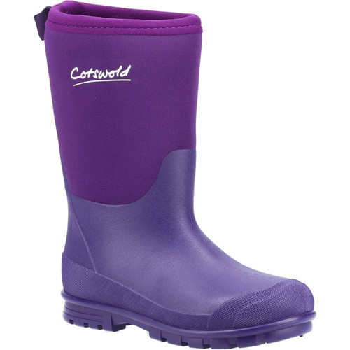 Purple rubber boot with a lighter-shaded sole and a fabric-like upper section. Branding text is visible near the top. Sturdy and functional design.