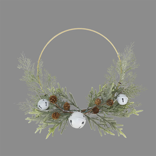 Christmas-themed wreath with pine branches, cones, white bells, and a golden arc on grey background.