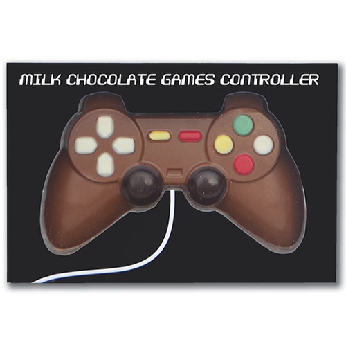 Milk chocolate games controller 70g, novelty chocolate shaped like a video game controller with colourful button details, presented in a black gamer-style box.