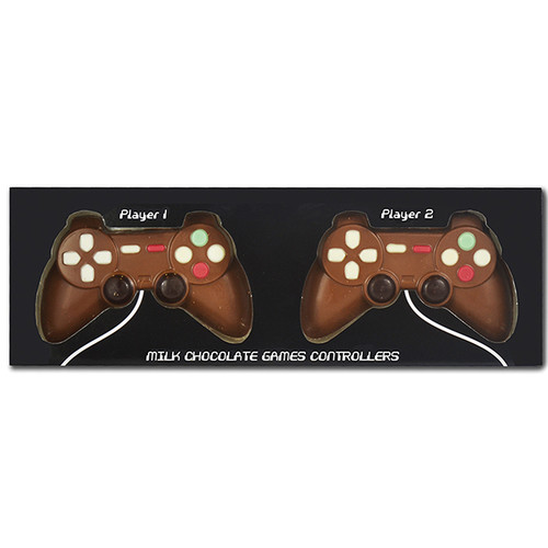 Milk chocolate games controllers gift set, two player-themed chocolate controllers with colourful button details, presented in a black gamer-style box.