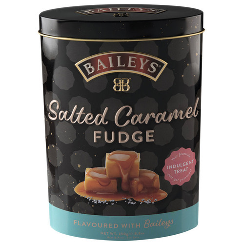 Baileys Salted Caramel Fudge tin with gold and black design, featuring creamy fudge pieces made with Baileys Irish Cream.