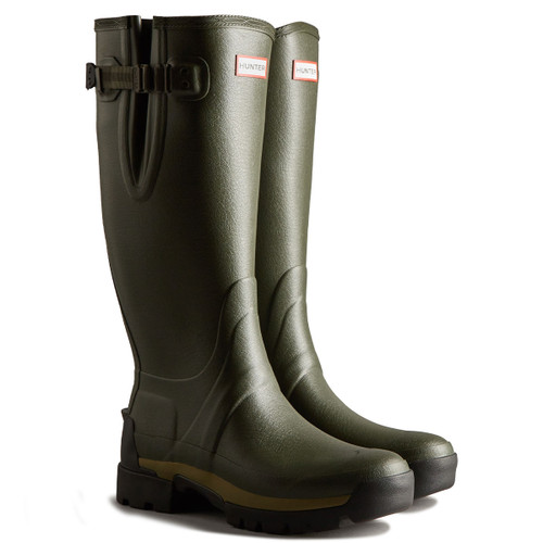 A pair of dark green tall Hunter wellington boots.