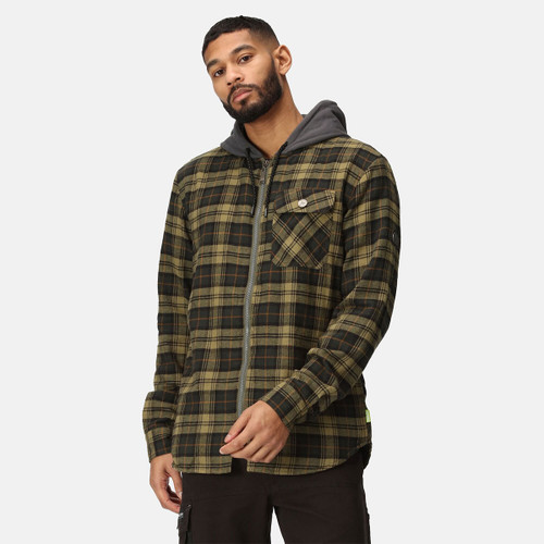 Man wearing green and brown plaid hooded work jacket with button-up front, chest pocket, and grey jersey hood, styled for casual outdoor wear