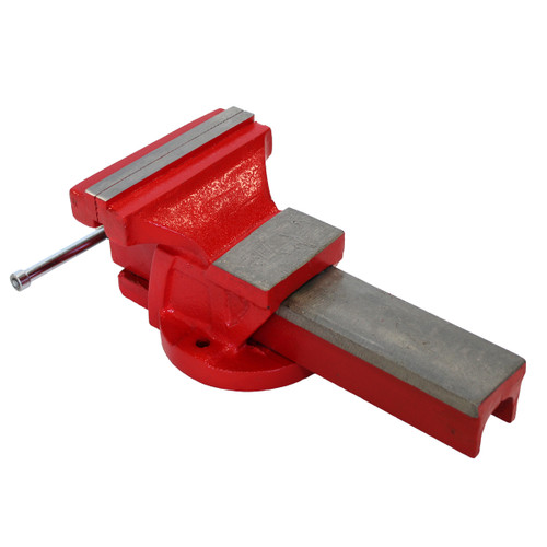 A red fixed base cast iron vice on a white background.