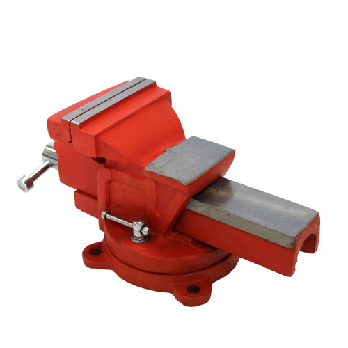 A red swivel base cast iron vice on a white background.