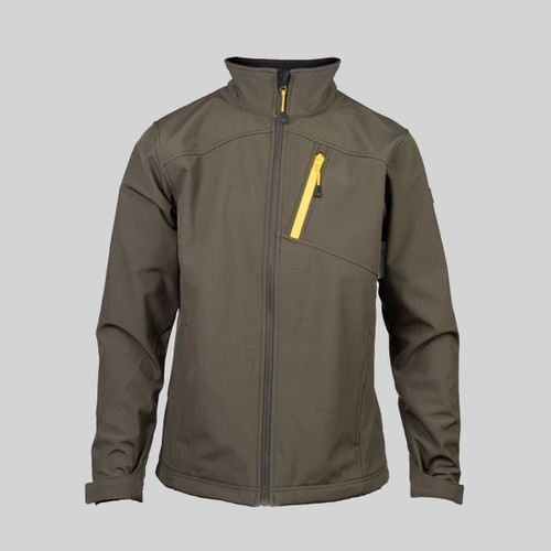 Men’s olive green softshell jacket with full zip fastening, high collar and yellow zipped chest pocket.