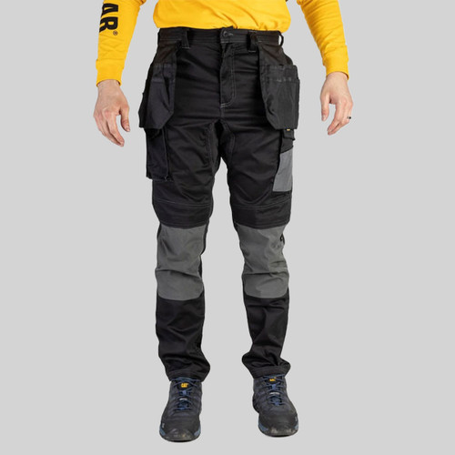 Men’s black work trousers with multiple utility pockets, reinforced grey knee panels and tool holster pockets.