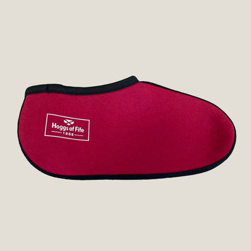 Burgundy boot sock shown in side profile, with black trim around the opening and sole and a small Hoggs of Fife logo patch.
