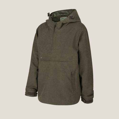 Dark olive green hooded smock shown from the front, with a short neck zip, large flap pocket, angled side pockets and adjustable cuffs.
