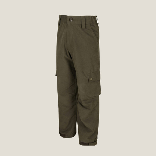 Front view of dark olive green trousers with belt loops, a button fastening, angled side pockets and flap cargo pockets on the legs.