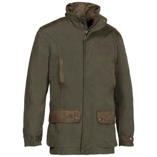 Olive green jacket with a high collar and brown accents on pockets and shoulders. The design is rugged and practical, evoking a stylish yet functional tone.