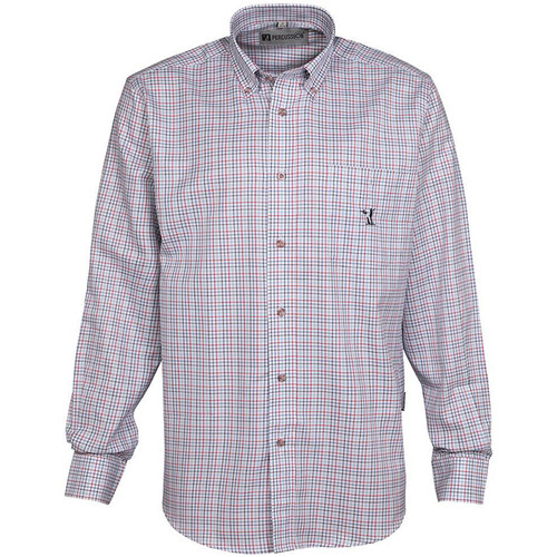 Men's long-sleeve button-up shirt featuring a red and blue plaid pattern on a white background. The shirt has a pocket and a crisp, classic style.