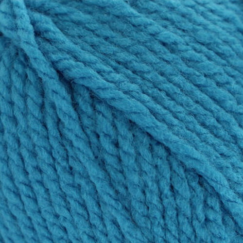 Close-up of turquoise chunky yarn, showing thick twisted strands and a soft, textured finish.