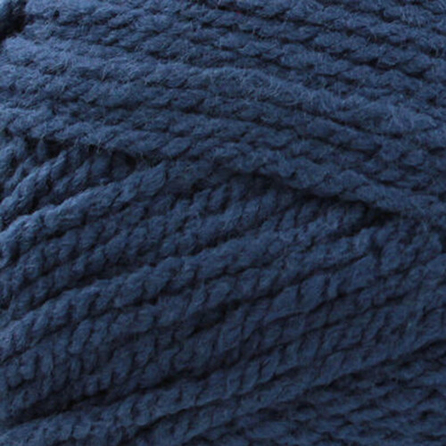 Close-up of navy chunky yarn, showing thick twisted strands and a soft, textured finish.