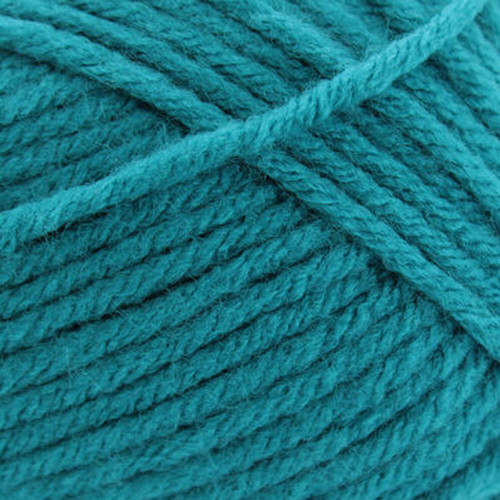 Close-up of blue chunky yarn, showing thick twisted strands and a soft, textured finish.