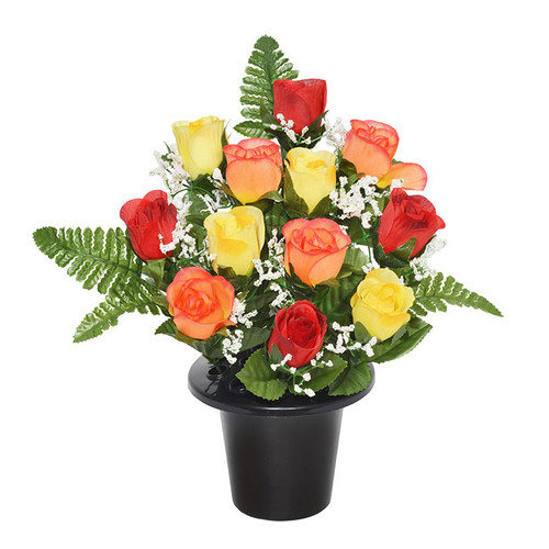 Sincere UK Rosebud & Fern Grave Pot - Red, Orange & Yellow, 29cm