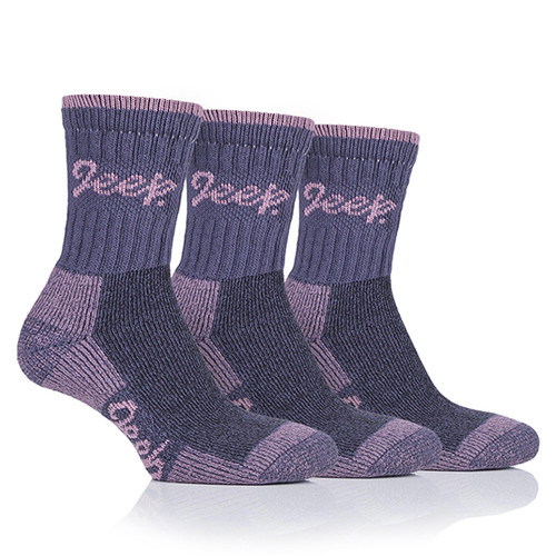 A line of three purple and pink coloured socks.
