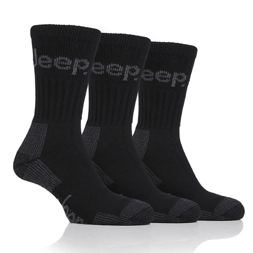 A row of three black socks with grey 'Jeep' branding at the top.