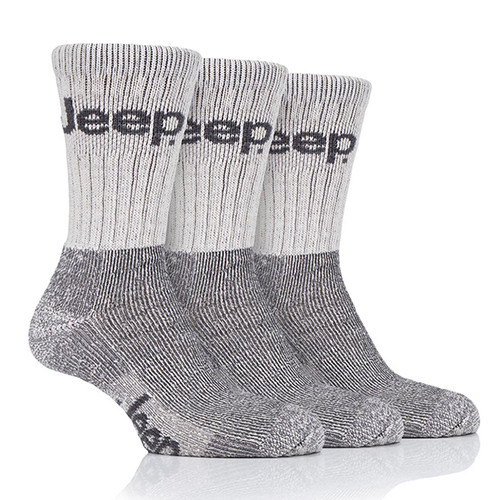A row of three grey socks with dark grey 'Jeep' branding at the top.
