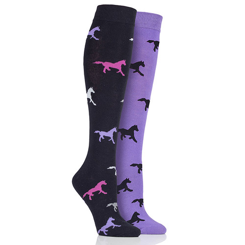 Storm Bloc Children's Long Horse Print Socks, 2 Pack - Navy/Lilac