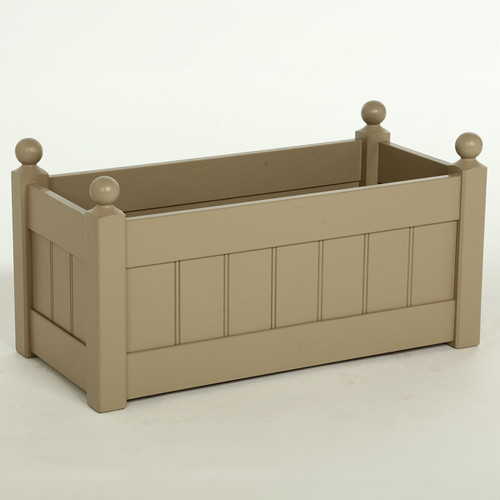 Nutmeg-coloured rectangular garden planter with panelled sides and corner ball finials, shown on a plain background.