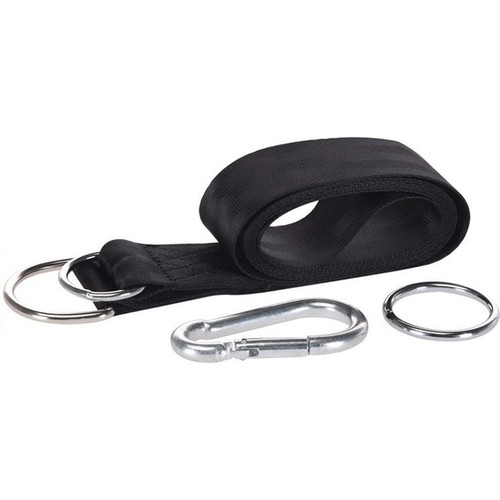 Hammock fixing kit with black hanging strap, metal carabiner clip and metal rings for securing a hammock.